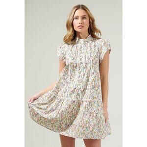 Hausen Floral Pleated Mini Dress Size L Mockneck Ivory White Short Sleeve